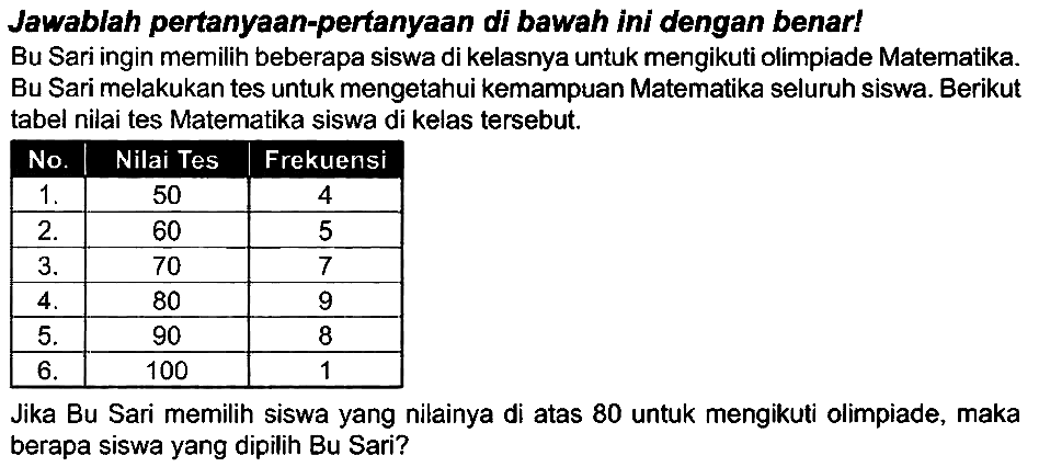 Jawablah pertanyaan-pertanyaan di bawah ini dengan benar! Bu Sari ingin memilih beberapa siswa di kelasnya untuk mengikuti olimpiade Matematika. Bu Sari melakukan tes untuk mengetahui kemampuan Matematika seluruh siswa. Berikut tabel nilai tes Matematika siswa di kelas tersebut.

 No.  Nilai Tes  Frekuensi 
  1 .   50  4 
  2 .   60  5 
  3 .   70  7 
  4 .   80  9 
  5 .   90  8 
  6 .   100  1 


Jika Bu Sari memilih siswa yang nilainya di atas 80 untuk mengikuti olimpiade, maka berapa siswa yang dipilih Bu Sari?