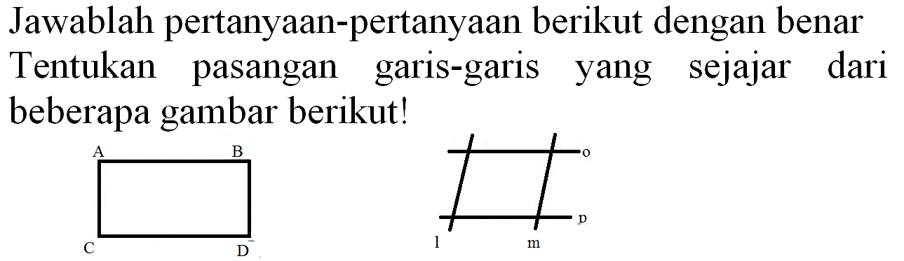 Jawablah pertanyaan-pertanyaan berikut dengan benar Tentukan pasangan garis-garis yang sejajar dari beberapa gambar berikut!