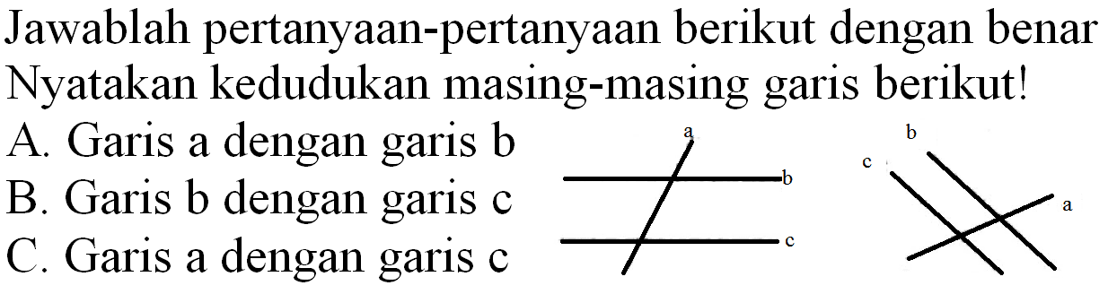 Jawablah pertanyaan-pertanyaan berikut dengan benar Nyatakan kedudukan masing-masing garis berikut!
A. Garis a dengan garis b
B. Garis b dengan garis c C. Garis a dengan garis c