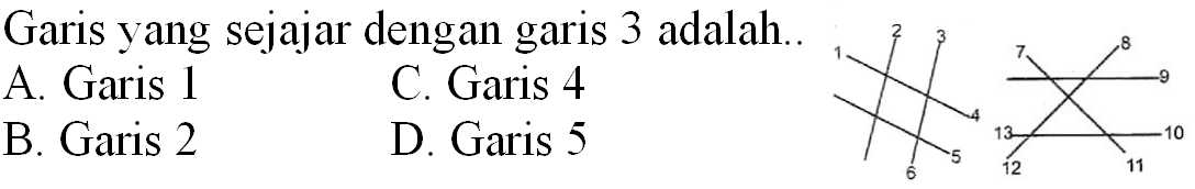 Garis yang sejajar dengan garis 3 adalah..
A. Garis 1
C. Garis 4
B. Garis 2
D. Garis 5