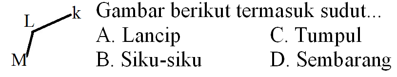 L  k  Gambar berikut termasuk sudut..
A. Lancip
C. Tumpul
B. Siku-siku
D. Sembarang