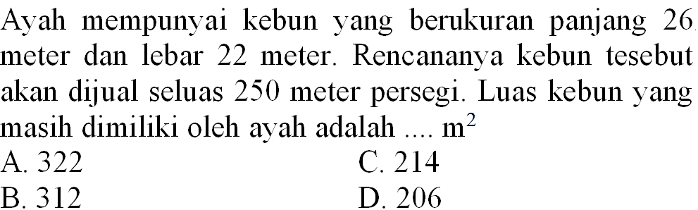 Ayah mempunyai kebun yang berukuran panjang 26 meter dan lebar 22 meter. Rencananya kebun tesebut akan dijual seluas 250 meter persegi. Luas kebun yang masih dimiliki oleh ayah adalah  ... . m^(2) 
A. 322
C. 214
B. 312
D. 206