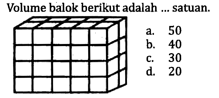 Volume balok berikut adalah ... satuan.
a. 50
b. 40
c. 30
d. 20