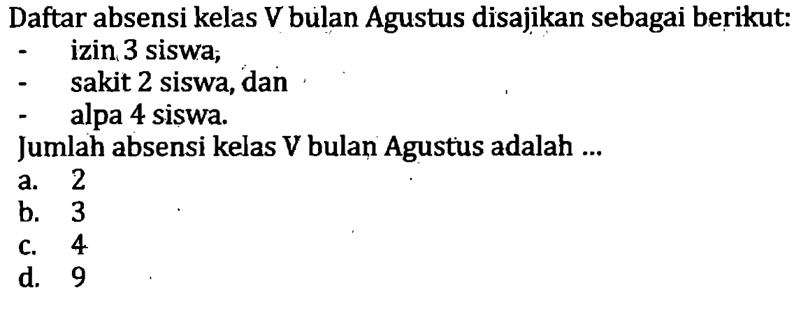 Daftar absensi kelas  V  bulan Agustus disajikan sebagai berikut:
- izin 3 siswa;
-    sakit 2 siswa, dan
- alpa 4 siswa.
Jumlah absensi kelas  V  bulan Agustus adalah ...
a. 2
b. 3
c. 4
d. 9