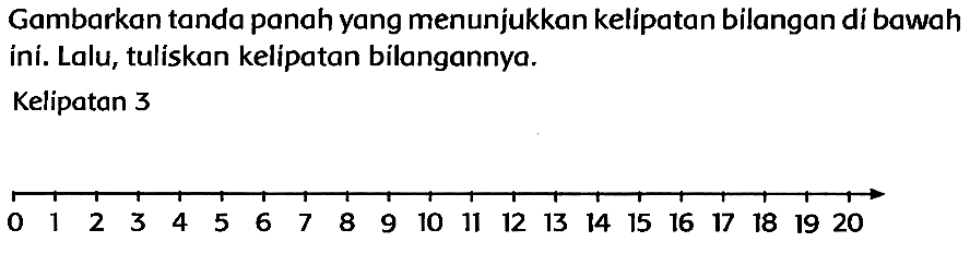 Gambarkan tanda panah yang menunjukkan kelípatan bilangan di bawah ini. Lalu, tuliskan kelipatan bilangannya.
Kelipatan 3