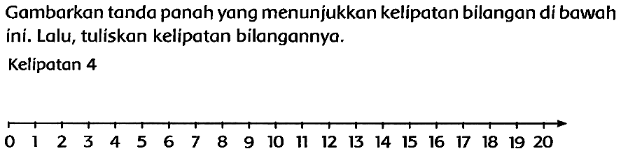 Gambarkan tanda panah yang menunjukkan kelípatan bilangan di bawah ini. Lalu, tuliskan kelipatan bilangannya.
Kelipatan 4