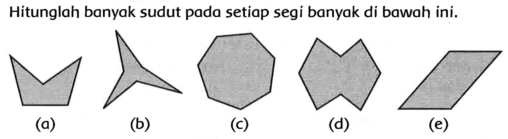 Hitunglah banyak sudut pada setiap segí banyak di bawah ini.
C1CCC2CCCCC2C1
(a)
(b)
(c)
(d)
(e)