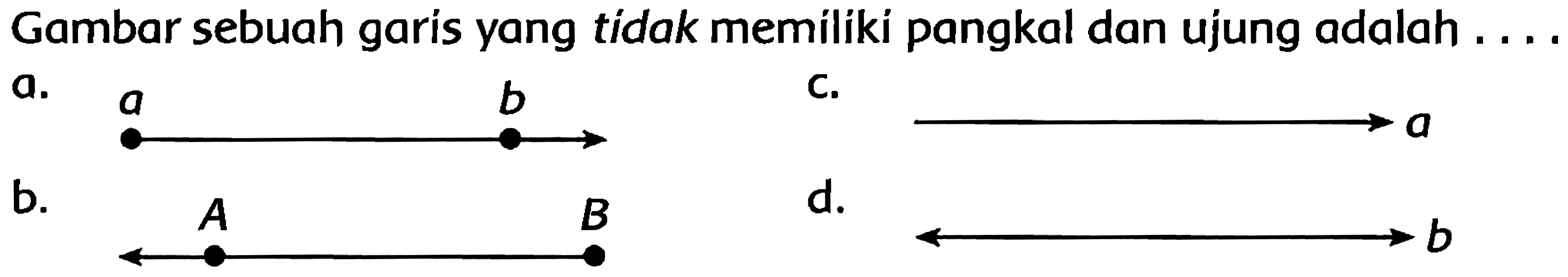Gambar sebuah garis yang tídak memiliki pangkal dan ujung adalah ....
a.
b.
C.
 a 
d.