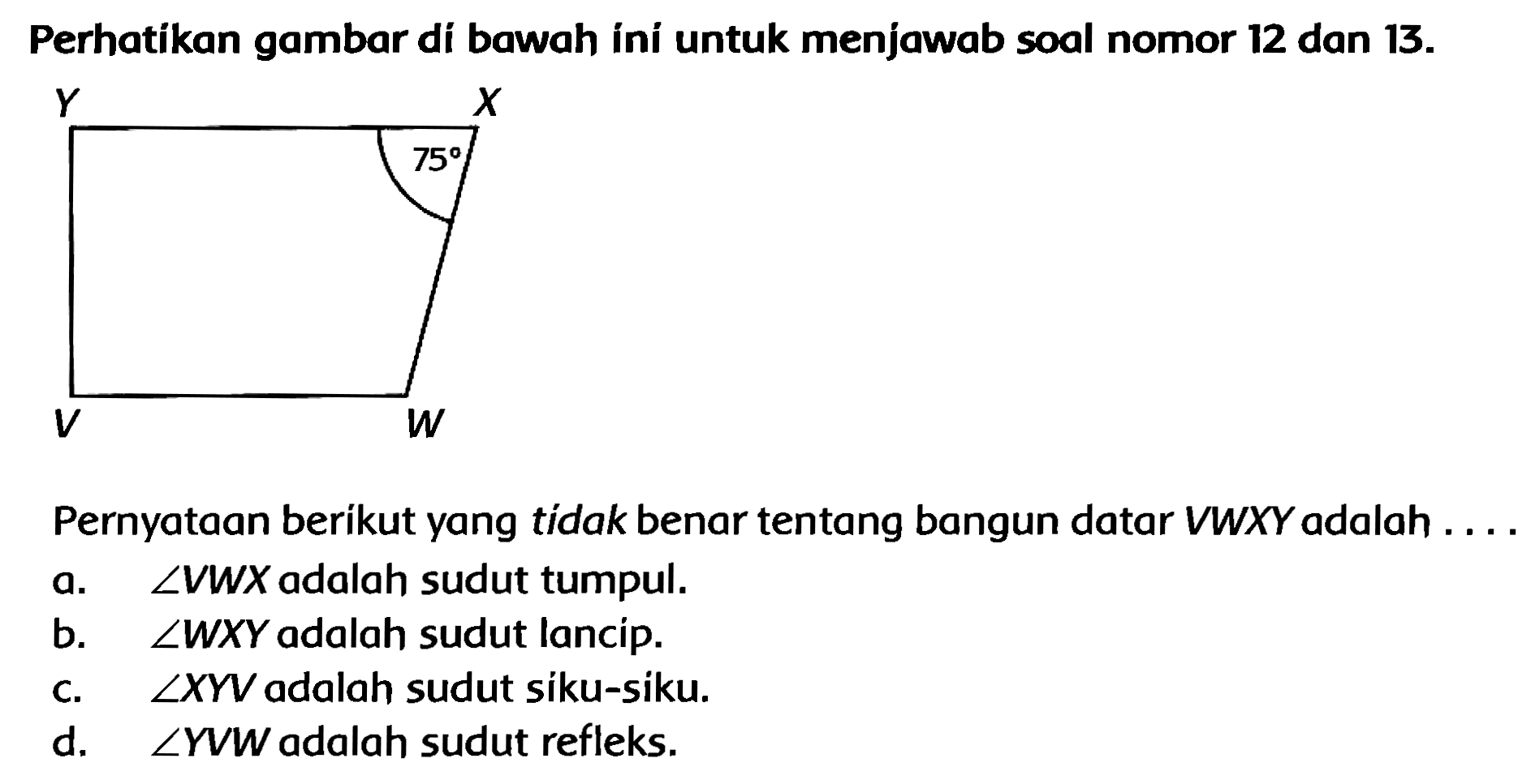 Perhatikan gambar di bawah íní untuk menjawab soal nomor 12 dan  13 . 
Pernyataan berikut yang tídak benar tentang bangun datar  V W X Y  adalah ....
a.  sudut V W X  adalah sudut tumpul.
b.   sudut W X Y  adalah sudut lancip.
c.  sudut X Y V  adalah sudut siku-siku.
d.  sudut Y V W  adalah sudut refleks.