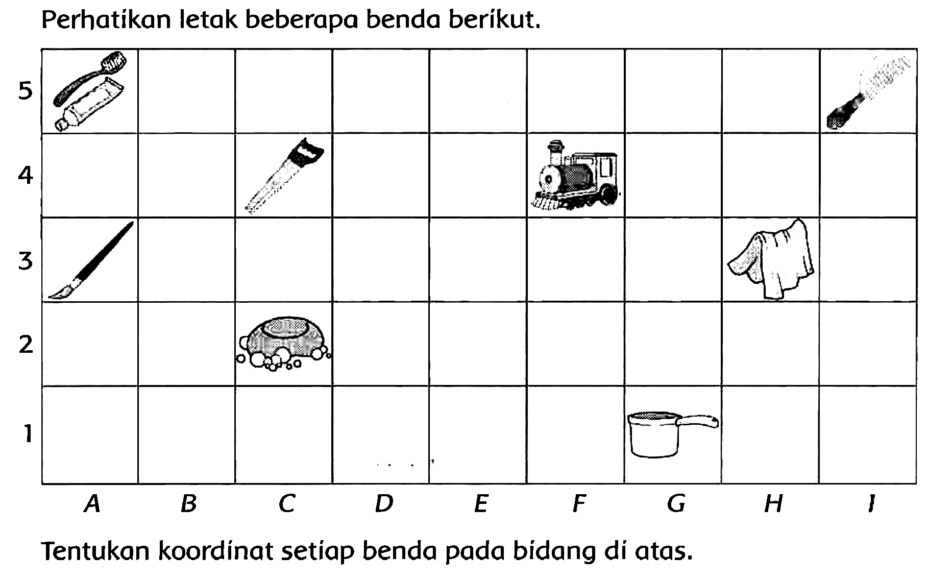 Perhatikan letak beberapa benda berikut.
Tentukan koordinat setiap benda pada bidang di atas.