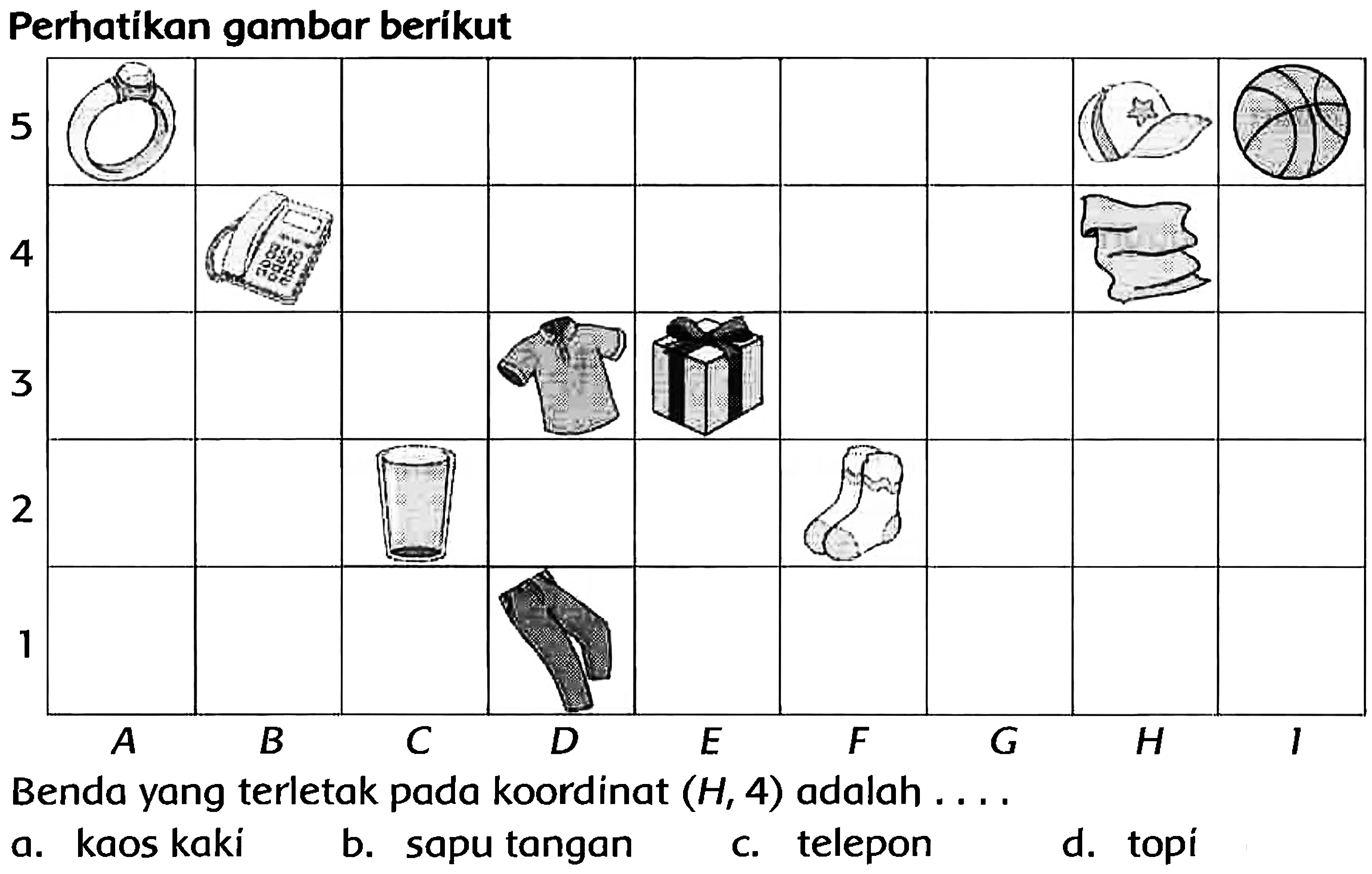 Perhatikan gambar berikut
Benda yang terletak pada koordinat  (H, 4)  adalah ....
a. kaos kaki
b. sapu tangan
c. telepon
d. topi