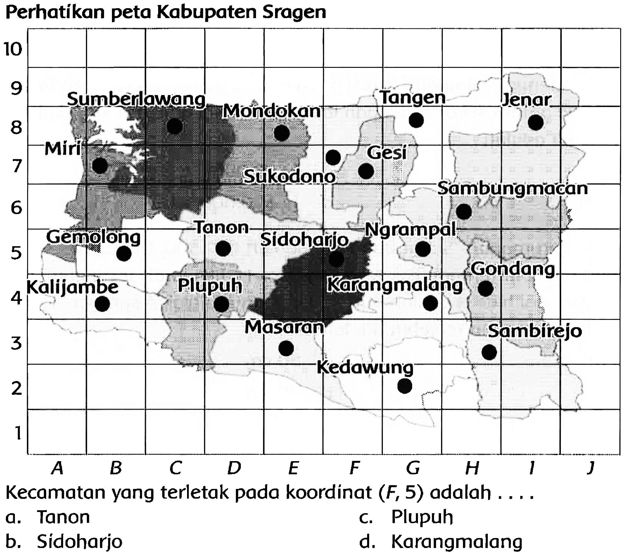 Perhatikan peta Kabupaten Sragen
Kecamatan yang terletak pada koordinat  (F, 5)  adalah . ...
a. Tanon
C. Plupuh
b. Sidoharjo
d. Karangmalang