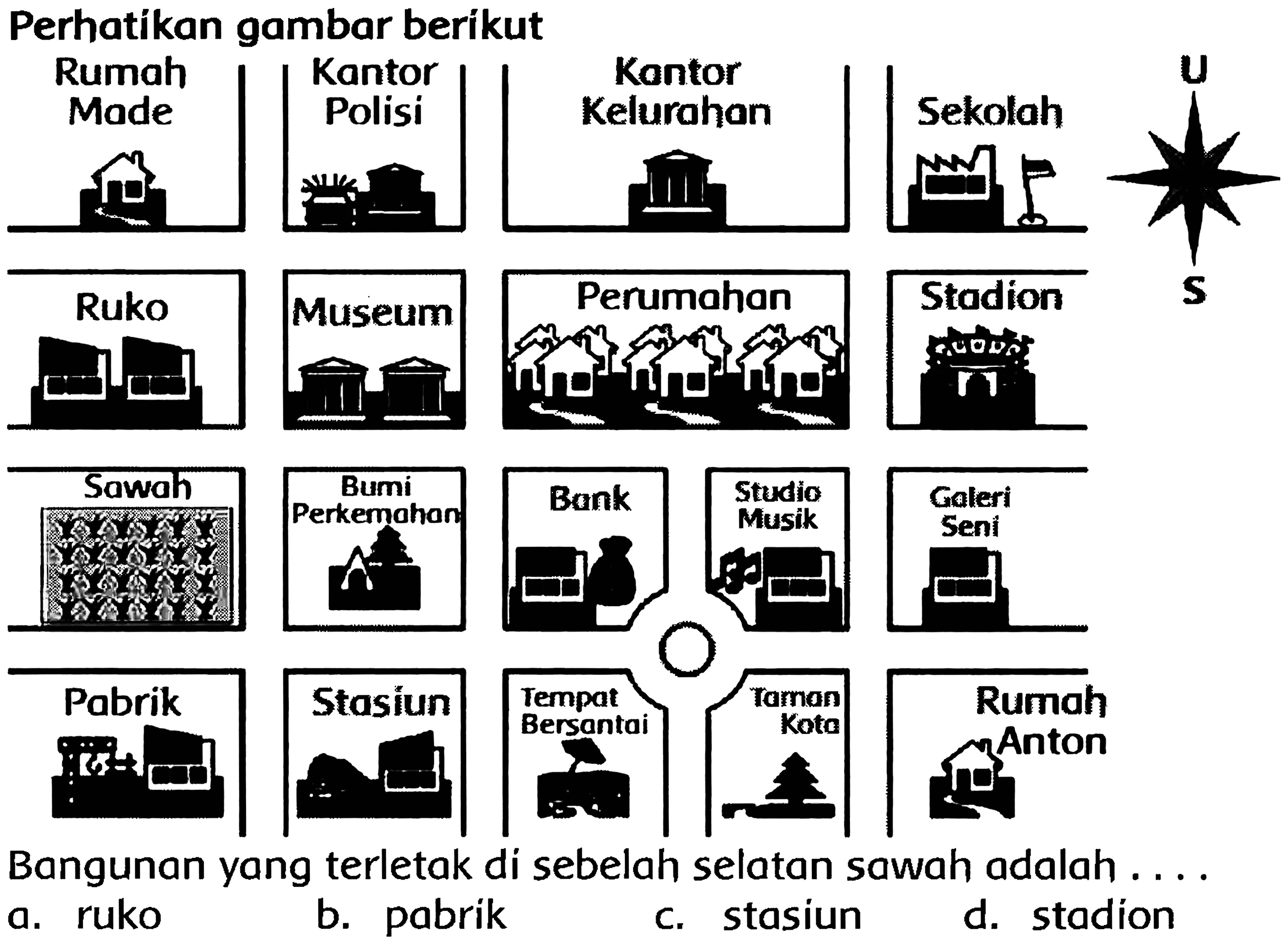 Perhatikan gambar berikut
Bangunan yang terletak di sebelah selatan sawah adalah ....
a. ruko
b. pabrik
c. stasiun
d. stadion