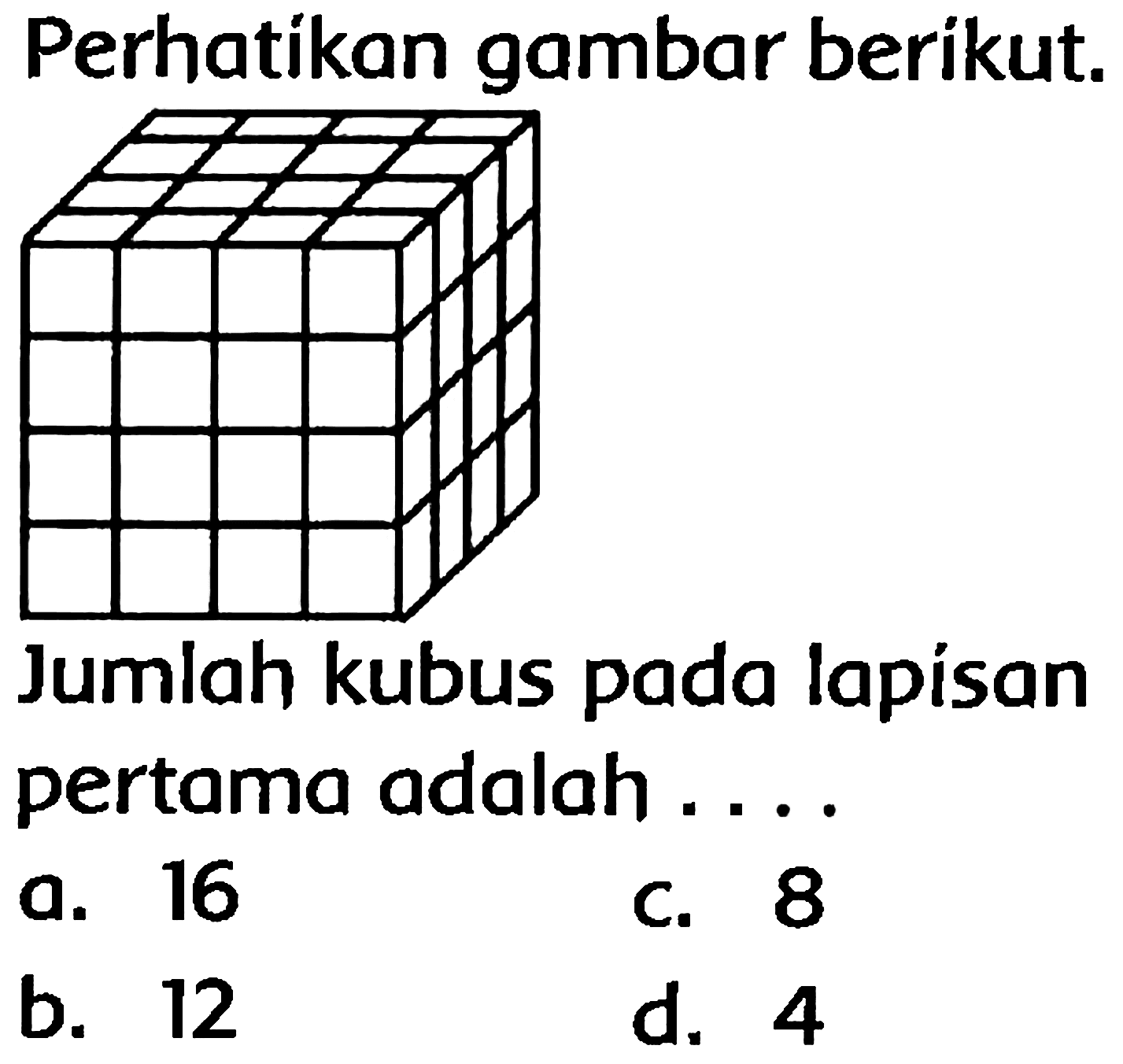 Perhatikan gambar berikut.
Jumlah kubus pada lapísan pertama adalah ....
a. 16
C. 8
b. 12
d. 4