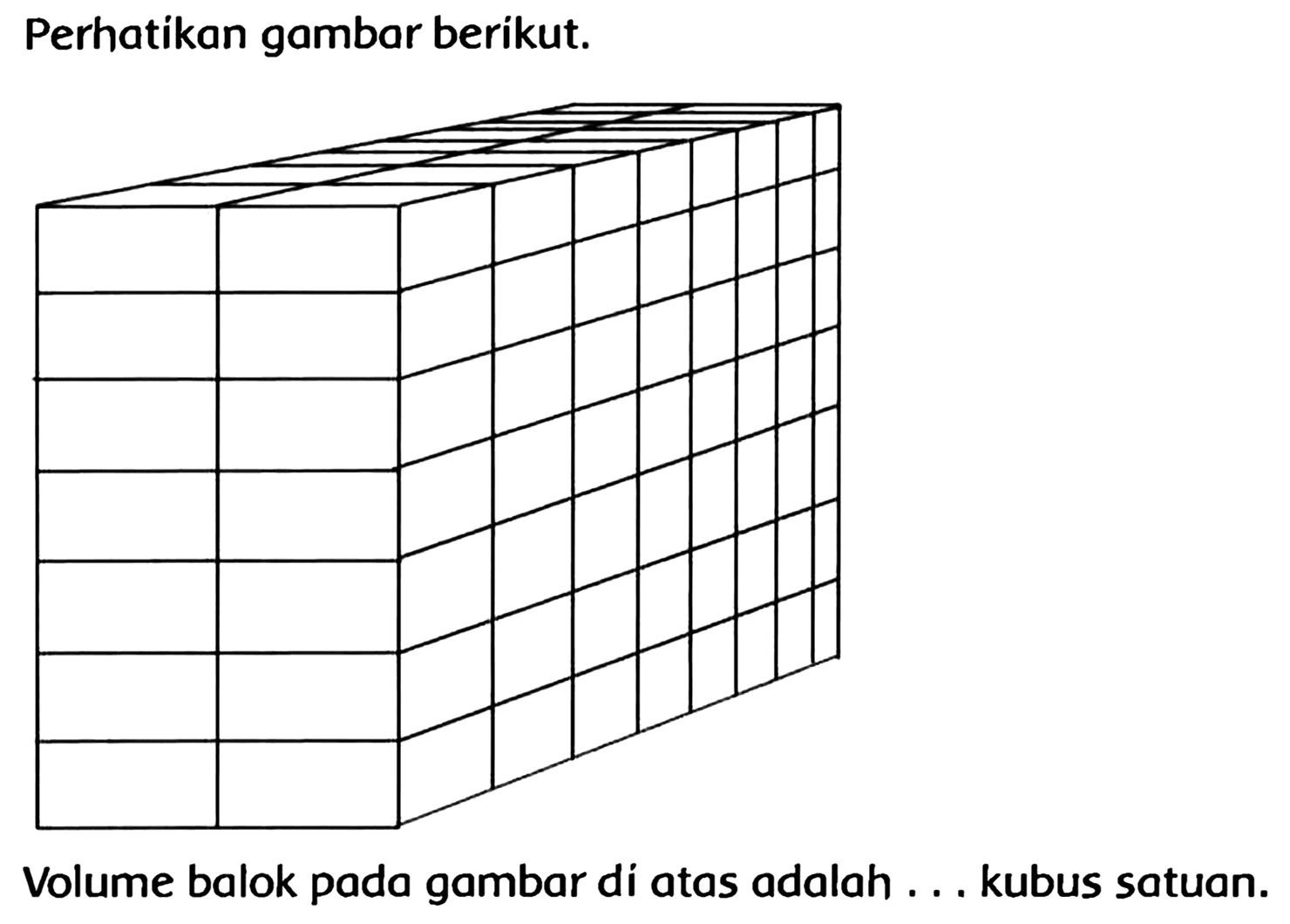 Perhatikan gambar berikut.
Volume balok pada gambar di atas adalah ... kubus satuan.