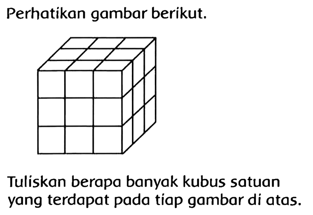 Perhatikan gambar berikut.
Tuliskan berapa banyak kubus satuan yang terdapat pada tiap gambar di atas.