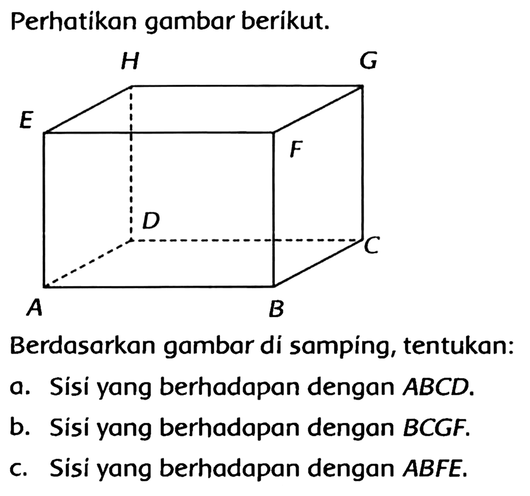 Perhatikan gambar berikut.
Berdasarkan gambar di sampíng, tentukan:
a. Sísi yang berhadapan dengan  A B C D .
b. Sisi yang berhadapan dengan  B C G F .
C. Sisi yang berhadapan dengan  A B F E .