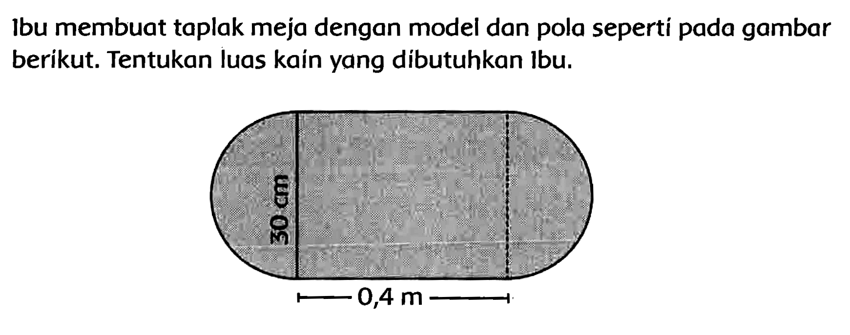 Ibu membuat taplak meja dengan model dan pola seperti pada gambar berikut. Tentukan luas kain yang dibutuhkan lbu. 
30 cm 
0,4 m 