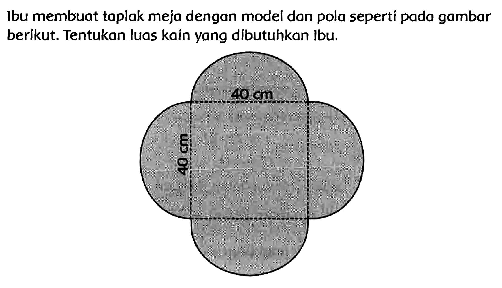 Ibu membuat taplak meja dengan model dan pola seperti pada gambar berikut. Tentukan luas kain yang dibutuhkan lbu. 
40 cm 
40 cm 