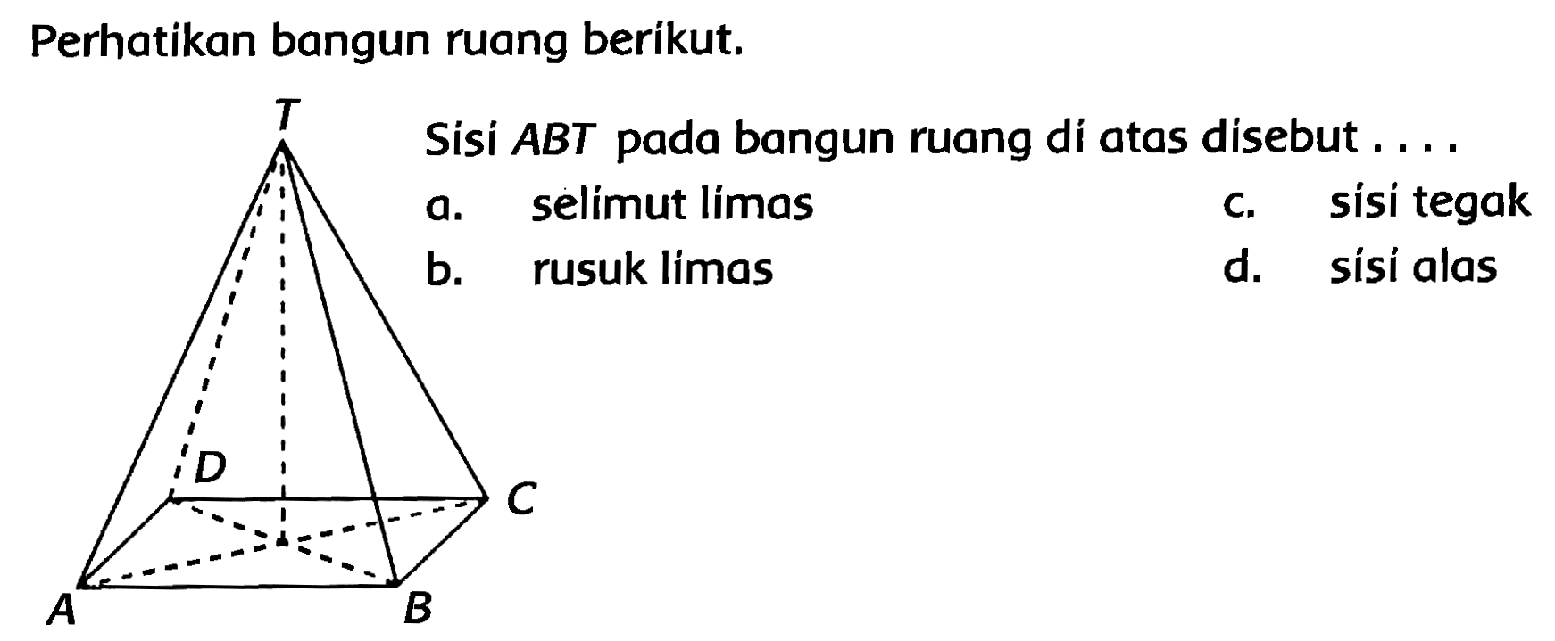 Perhatikan bangun ruang berikut.
c. sisi tegak
d. sisí alas