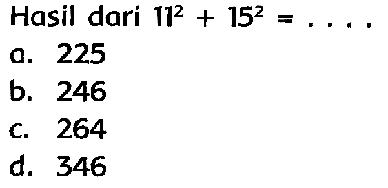 Hasil dari  11^(2)+15^(2)=...