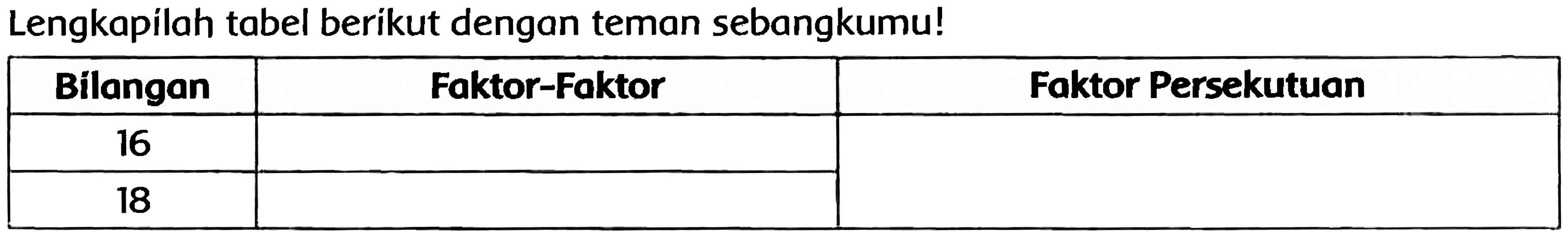 Lengkapilah tabel berikut dengan teman sebangkumu!

 Bilangan  Faktor-Faktor  {2)/(*)/( Faktor Persekutuan ) 
 16  {2)/(|c)/() 
 18  {2)/(|c)/() 

