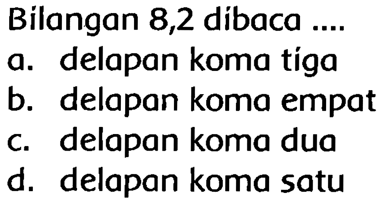 Bílangan 8,2 dibaca ....
a. delapan koma tíga
b. delapan koma empat
c. delapan koma dua
d. delapan koma satu