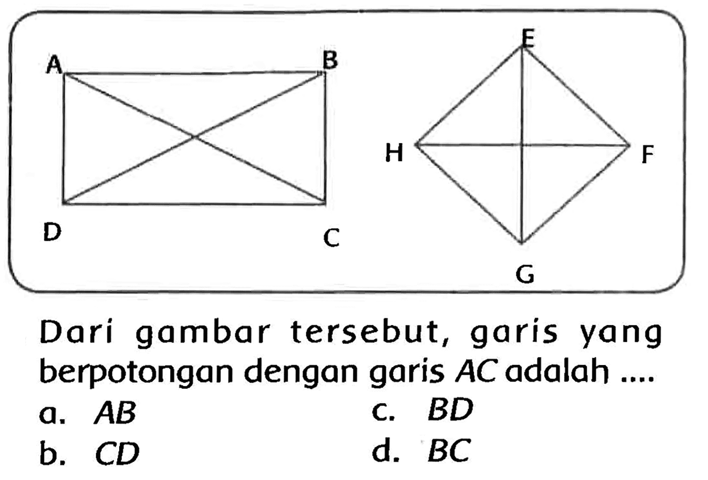 Dari gambar tersebut, garis yang berpotongan dengan garis  A C  adalah ....
a.  A B 
C.  B D 
b.  C D 
d.  B C 