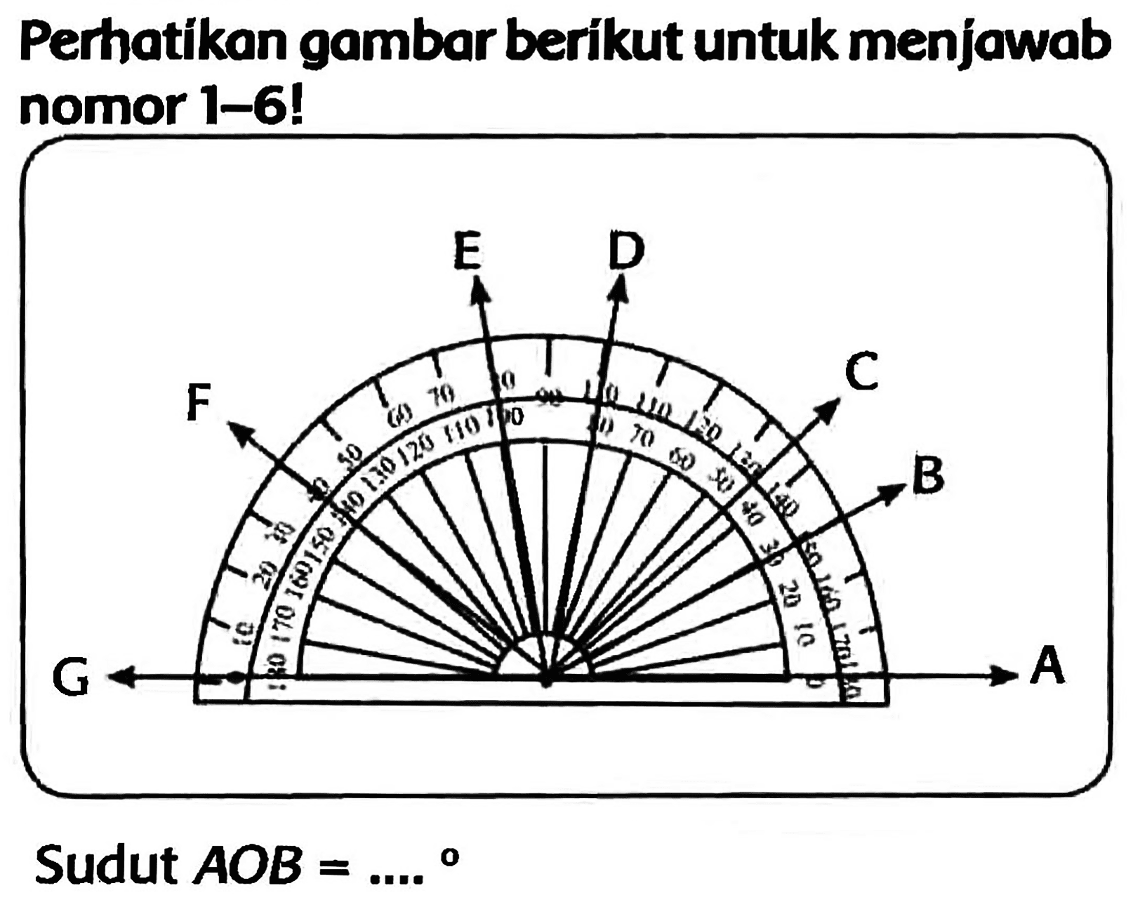 Perhatikan gambar berikut untuk menjawab nomor 1-6!
Sudut  A O B=... o 