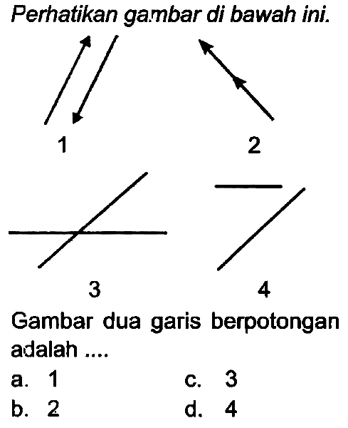 Perhatikan gambar di bawah ini.
3
4
Gambar dua garis berpotongan adalah ....
a. 1
c. 3
b. 2
d. 4