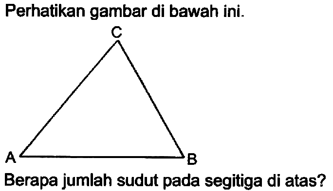 Perhatikan gambar di bawah ini.
Berapa jumlah sudut pada segitiga di atas?