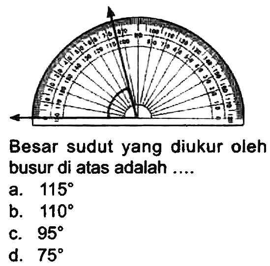 Besar sudut yang diukur oleh busur di atas adalah ....
a.  115 
b.  110 
c.  95 
d.  75 