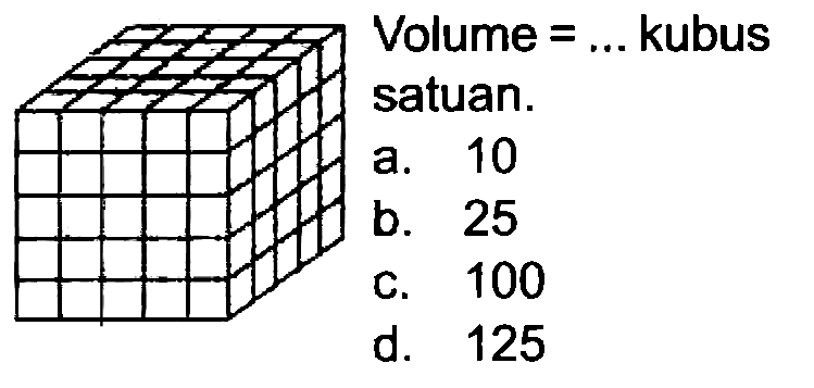 Volume  =...  kubus
satuan.
a. 10
b. 25
c. 100
d. 125