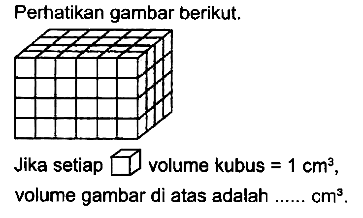 Perhatikan gambar berikut.
Jika setiap  square  volume kubus  =1 cm^(3) , volume gambar di atas adalah ......  cm^(3) .