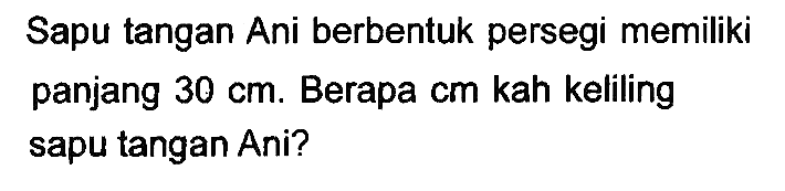 Sapu tangan Ani berbentuk persegi memiliki panjang  30 cm . Berapa cm kah keliling sapu tangan Ani?