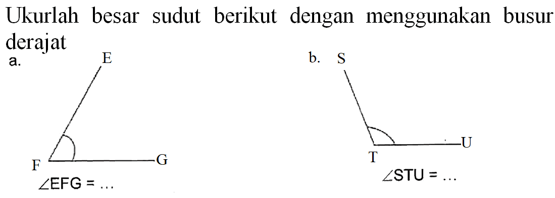 Ukurlah besar sudut berikut dengan menggunakan busur derajat
a.
b.  S 
 sudut E F G=... 
 sudut STU=... 