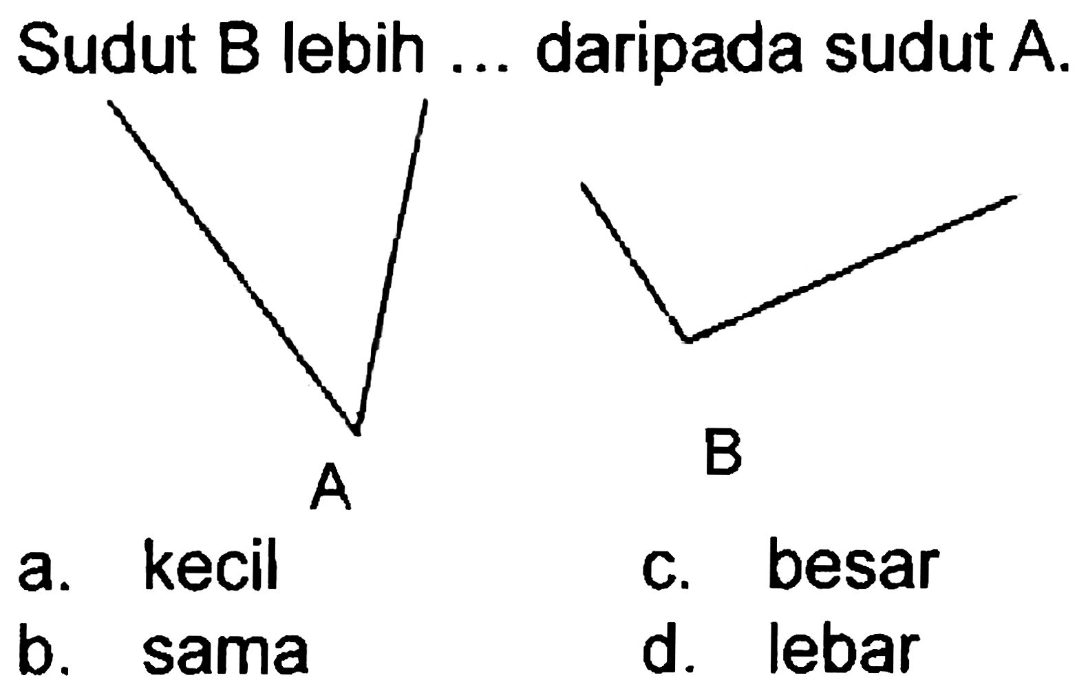 Sudut B lebih ... daripada sudut A.
C1CC1
B
a. kecil
c. besar
b. sama
d. lebar