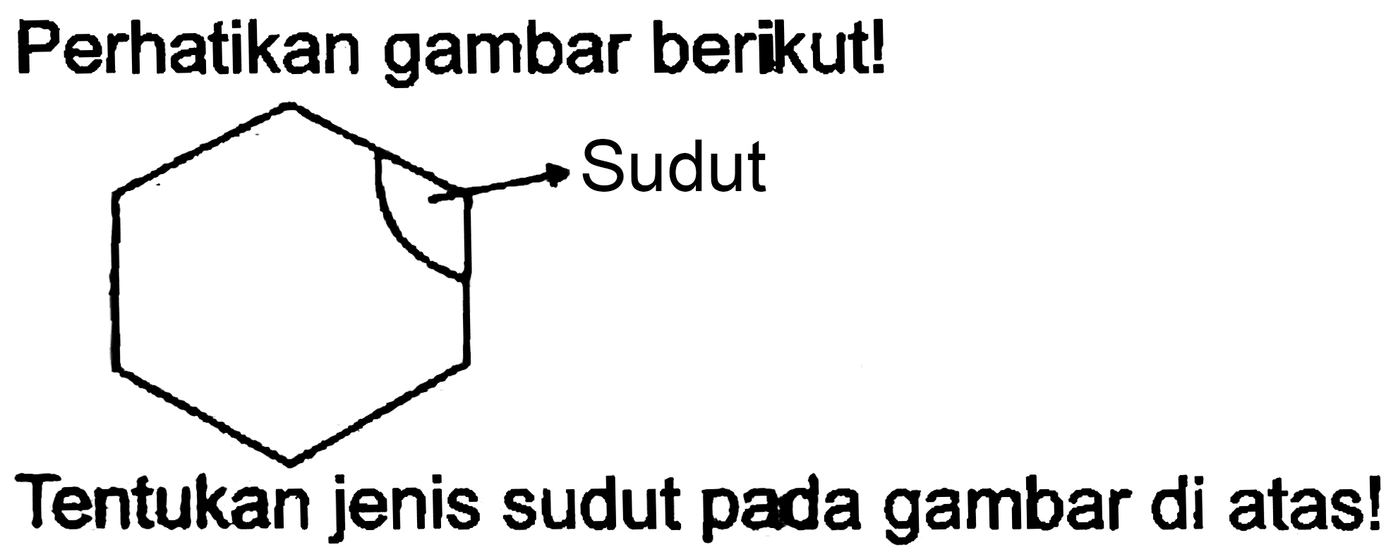 Perhatikan gambar berikut!
Tentukan jenis sudut pada gambar di atas!