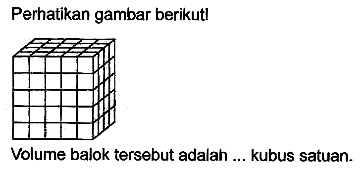 Perhatikan gambar berikut!
Volume balok tersebut adalah ... kubus satuan.