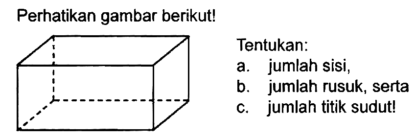 Perhatikan gambar berikut!
Tentukan:
a. jumlah sisi,
b. jumlah rusuk, serta
c. jumlah titik sudut!