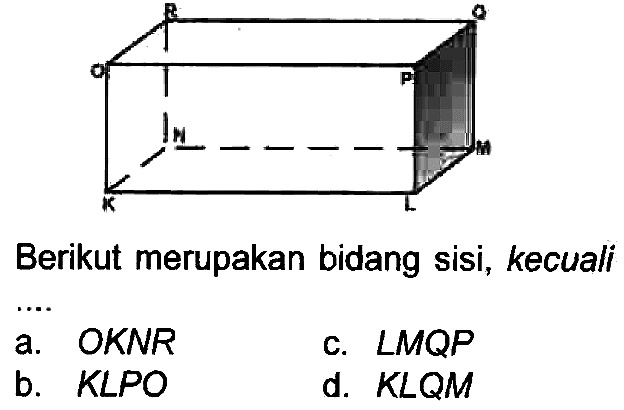 Berikut merupakan bidang sisi, kecuali
a. OKNR
c.  sudut M Q P 
b.  K L P O 
d.  K L Q M 