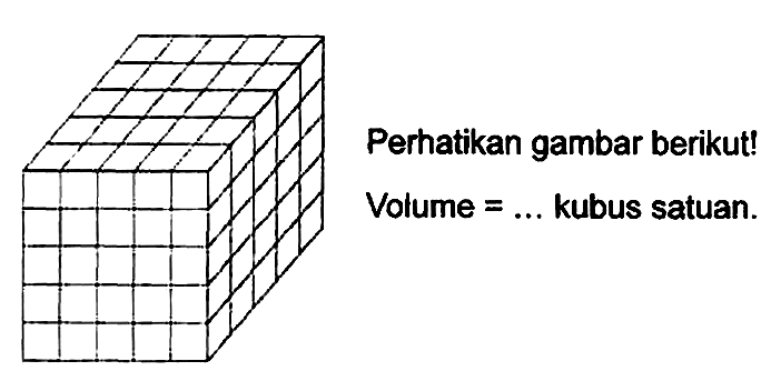 Perhatikan gambar berikut!
Volume  =...  kubus satuan