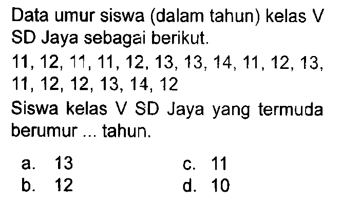 Data umur siswa (dalam tahun) kelas  V  SD Jaya sebagai berikut.
 11,12,11,11,12,13,13,14,11,12,13 ,  11,12,12,13,14,12 
Siswa kelas  V  SD Jaya yang termuda berumur ... tahun.
a. 13
C. 11
b. 12
d. 10