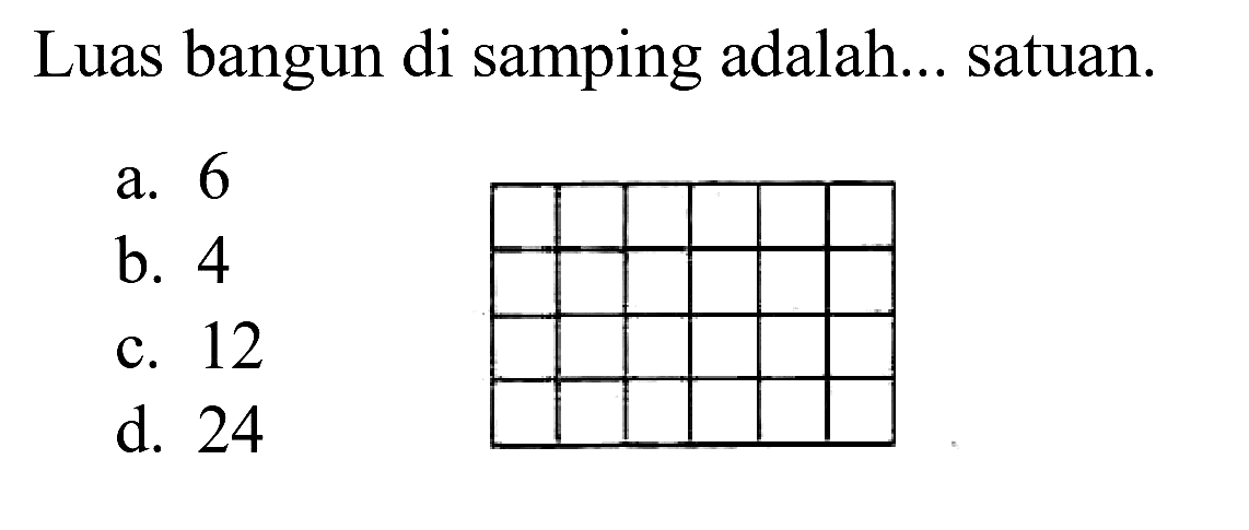 Luas bangun di samping adalah... satuan.
a. 6
b. 4
c. 12
d. 24