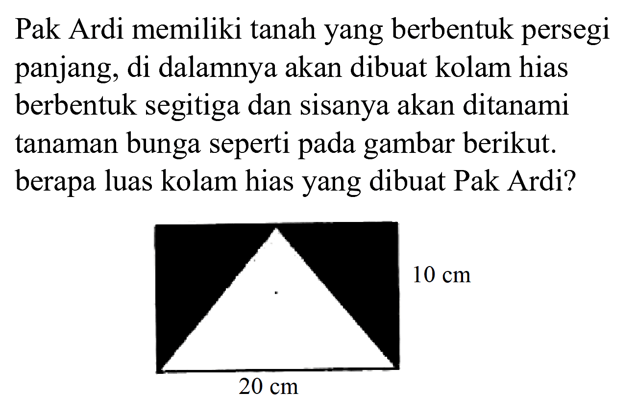 Pak Ardi memiliki tanah yang berbentuk persegi panjang, di dalamnya akan dibuat kolam hias berbentuk segitiga dan sisanya akan ditanami tanaman bunga seperti pada gambar berikut. berapa luas kolam hias yang dibuat Pak Ardi?