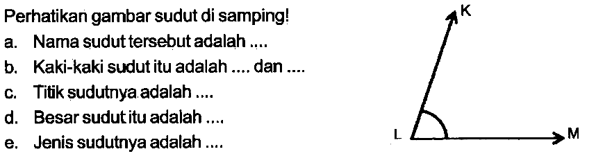 Perhatikan gambar sudut di samping!
a. Nama sudut tersebut adalah ....
b. Kaki-kaki sudut itu adalah .... dan ....
c. Titik sudutnya adalah ....
d. Besar sudutitu adalah ....
e. Jenis sudutnya adalah....