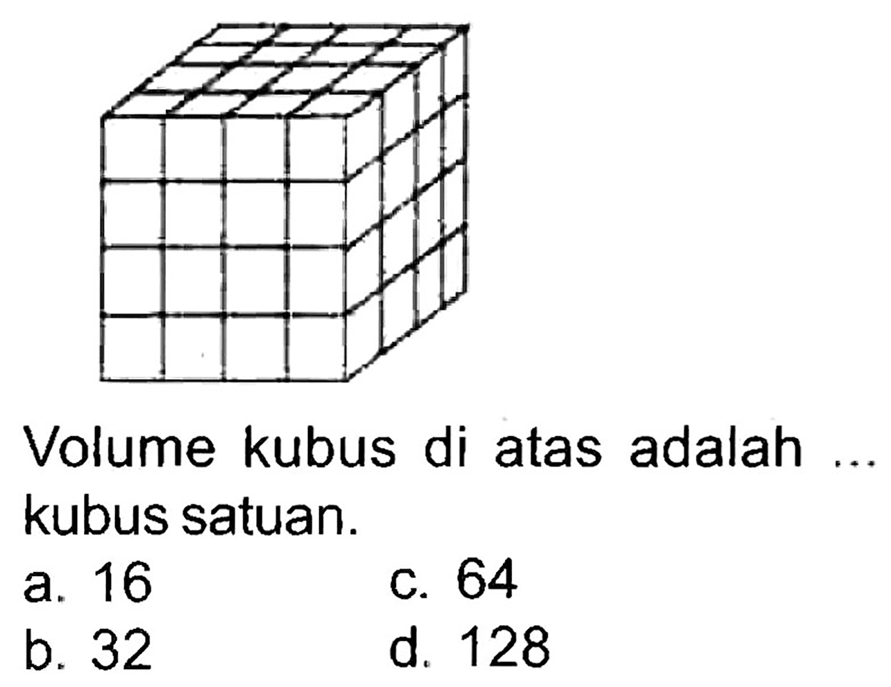 Volume kubus di atas adalah kubus satuan.
a. 16
C. 64
b. 32
d. 128