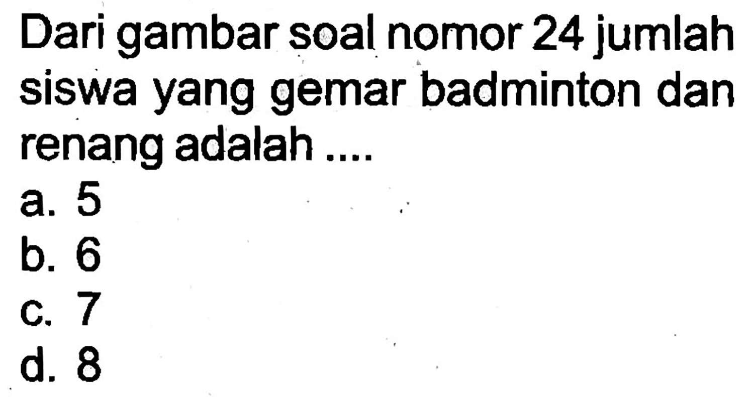 Dari gambar soal nomor 24 jumlah siswa yang gemar badminton dan renang adalah ....
a. 5
b. 6
c. 7
d. 8