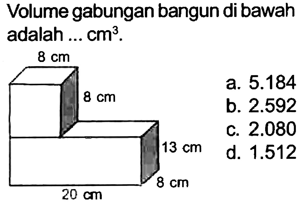 Volume gabungan bangun di bawah adalah ...  cm^(3) .