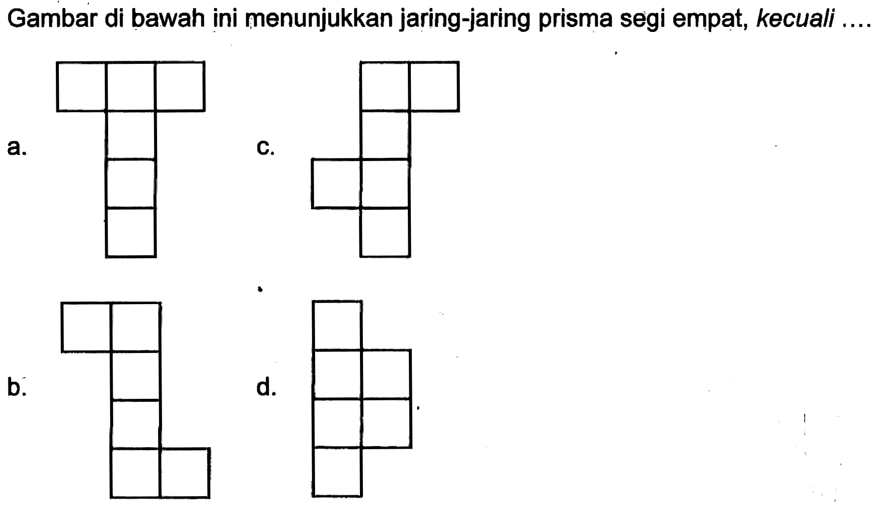 Gambar di bawah ini menunjukkan jaring-jaring prisma segi empat, kecuali
a. c. b. d.